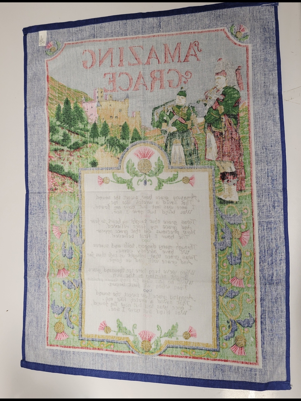 Vintage Amazing Grace Scottish Bagpipes 100% Cotton Tea Towel Hymn Kitchen Towel - Picture 6 of 7